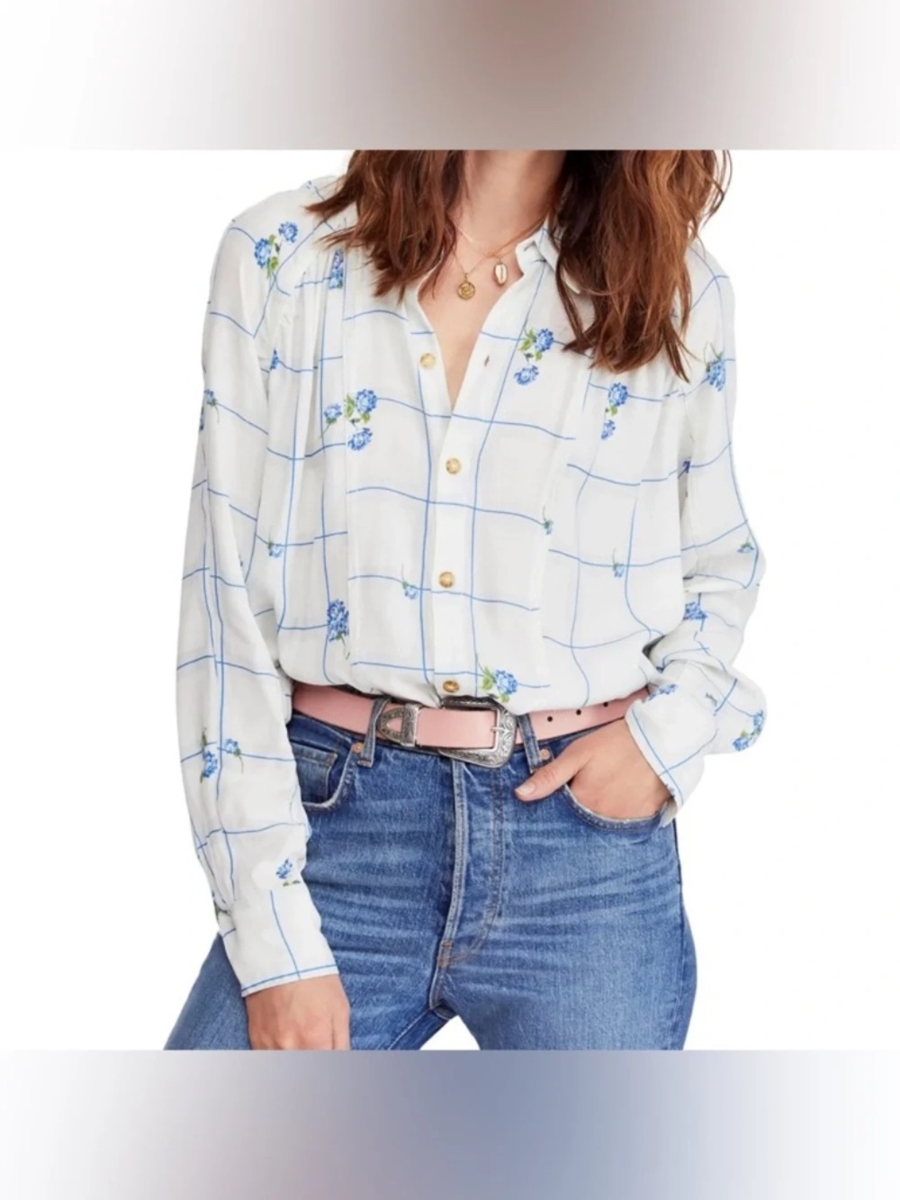Free People window to my heart lattice floral button down shirt size Large